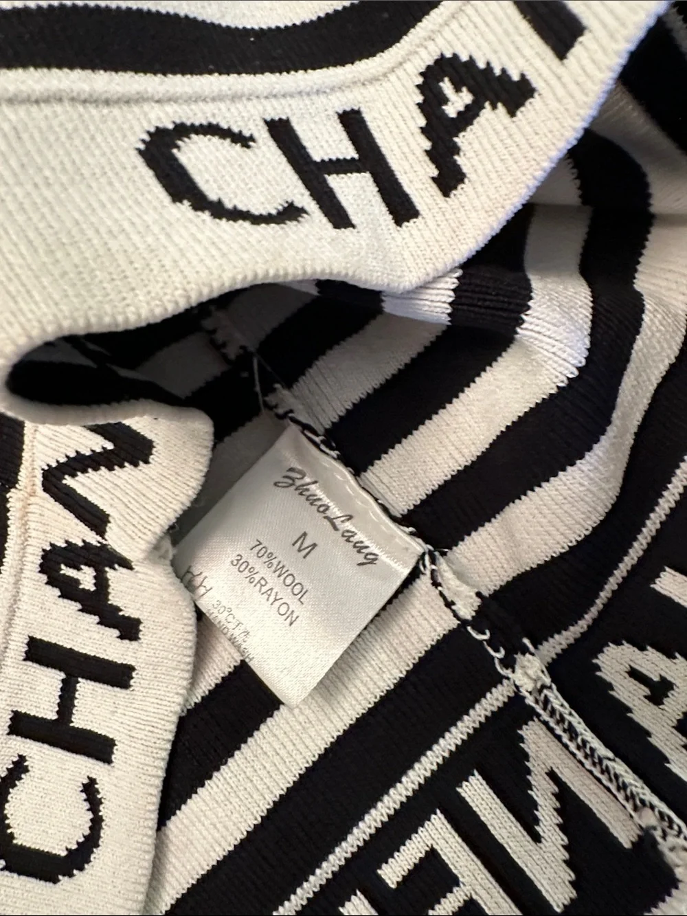 CHANEL Black and White Striped Cropped Knit Tank with Logo Hem